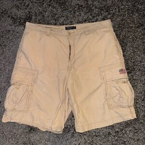 Polo Jeans Company Cargo Shorts American Flag Patch Khaki Size 38‎